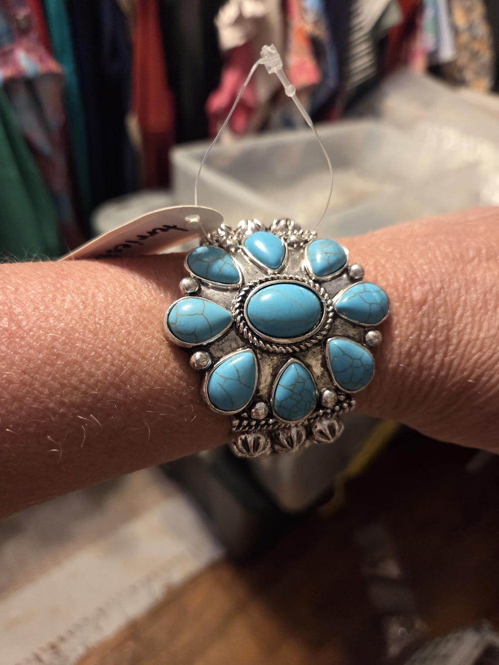 Handcrafted Turquoise Cluster Silver Bracelet - Women Jewelry